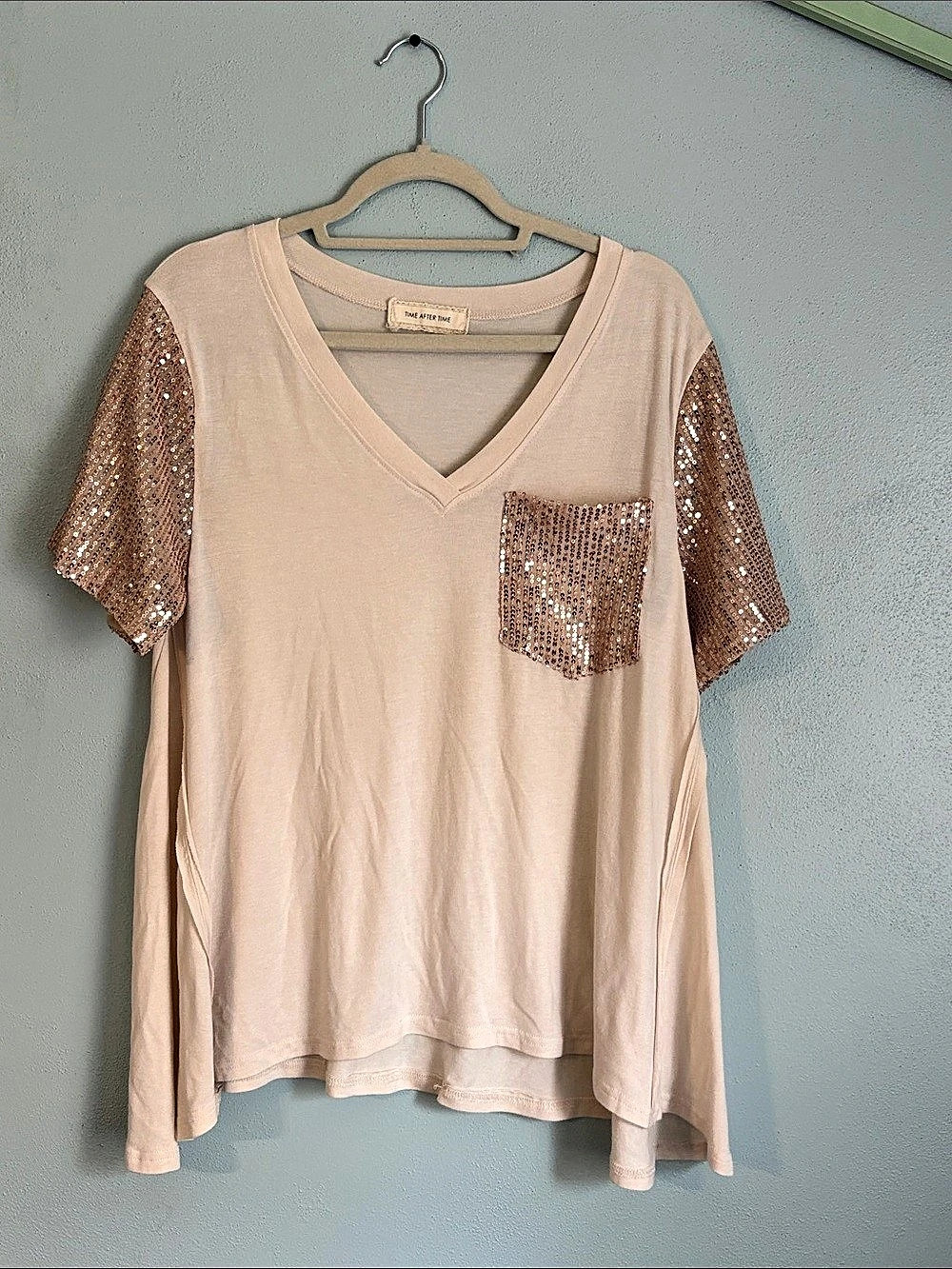 Time After Time Sequin Pocket Short Sleeve Top in tan